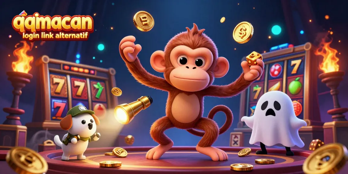 Engage with the excitement of qqmacan login link alternatif in this vibrant casino scene with animated golden symbols and lively characters.