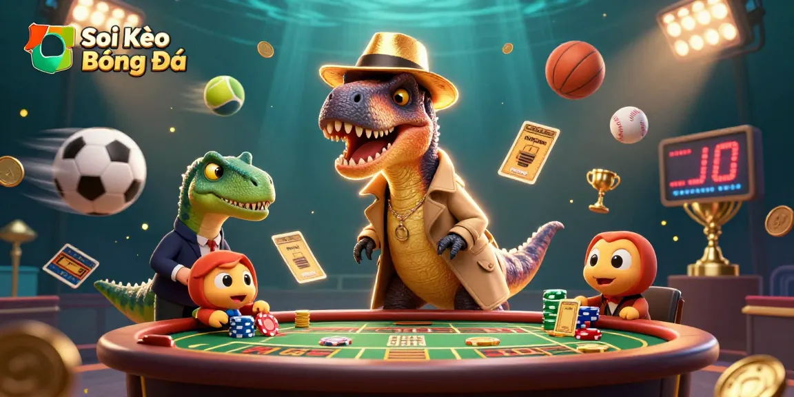 Soi Kèo Bóng Đá interactive sports betting scene with a velociraptor card counter, stegosaurus pit boss, and flying sports balls.