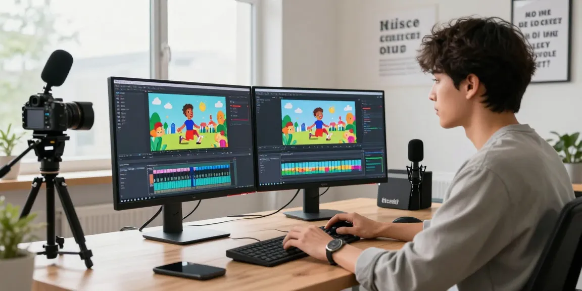 Engaged user operating an AI video generator in a modern tech workspace, showcasing vibrant software graphics and production equipment.