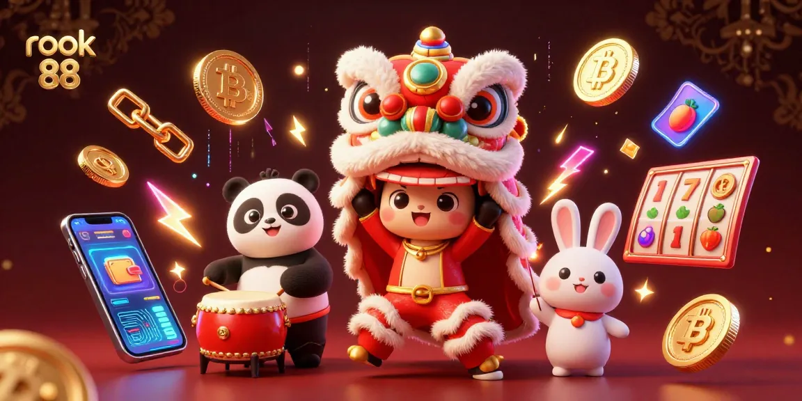 Engage with rokok 88's exciting casino scene featuring animated lion dance and crypto elements.