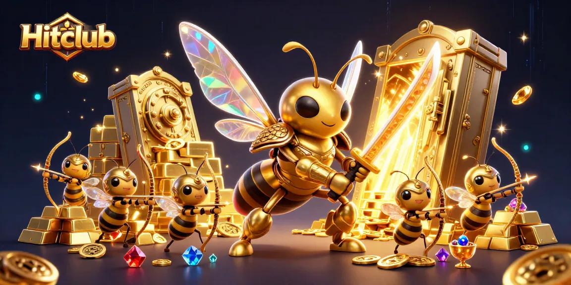 Hitclub offers thrilling gameplay with a giant hornet in vibrant samurai armor amidst a treasure-filled scene.