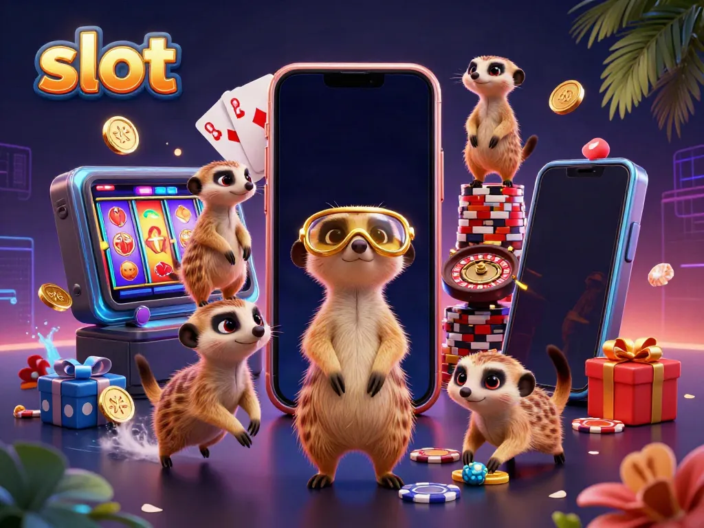 Slot yang menarik di kasino, dengan meerkat bekerja keras dan permainan slot yang berputar.