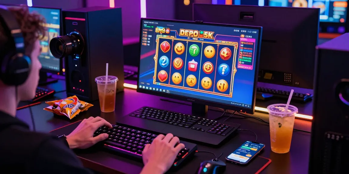 Player engaging in an exciting slot depo 5k game, highlighted by colorful interfaces and immersive gaming setup.