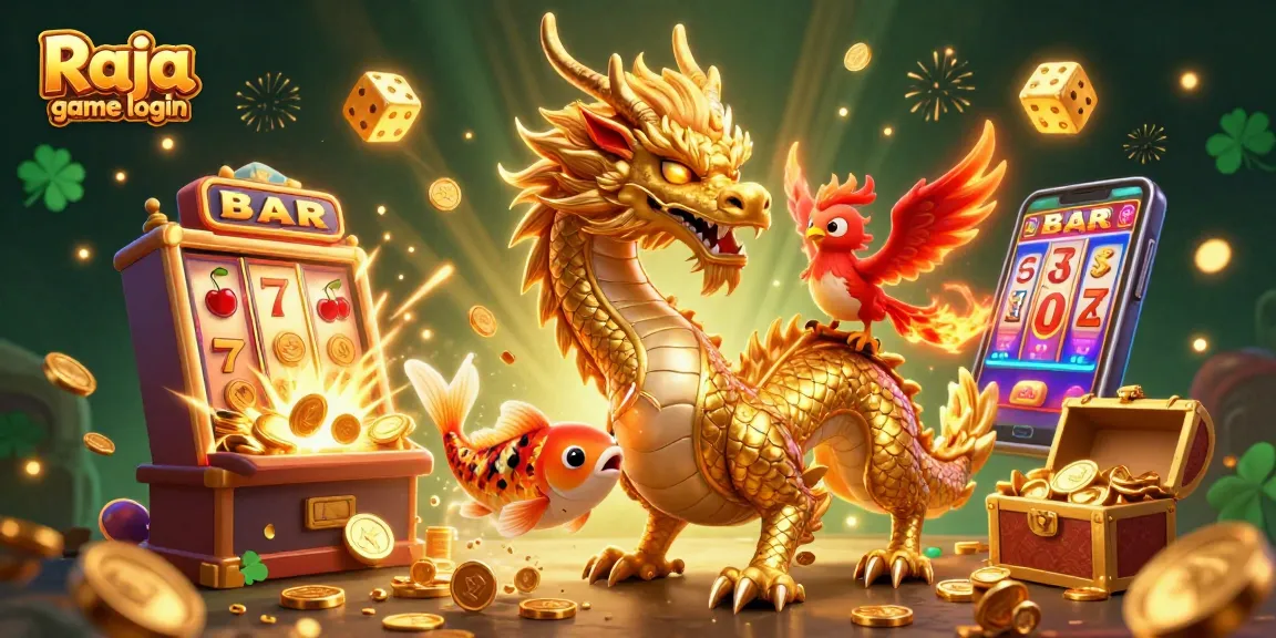 Experience Raja game login with thrilling visuals of dragon and phoenix amidst casino excitement.