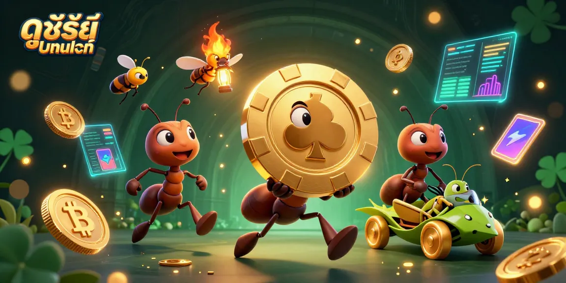 Engage with ดูซีรี่ย์ออนไลน์ as ants stealthily transport a giant poker chip amid glowing crypto elements.