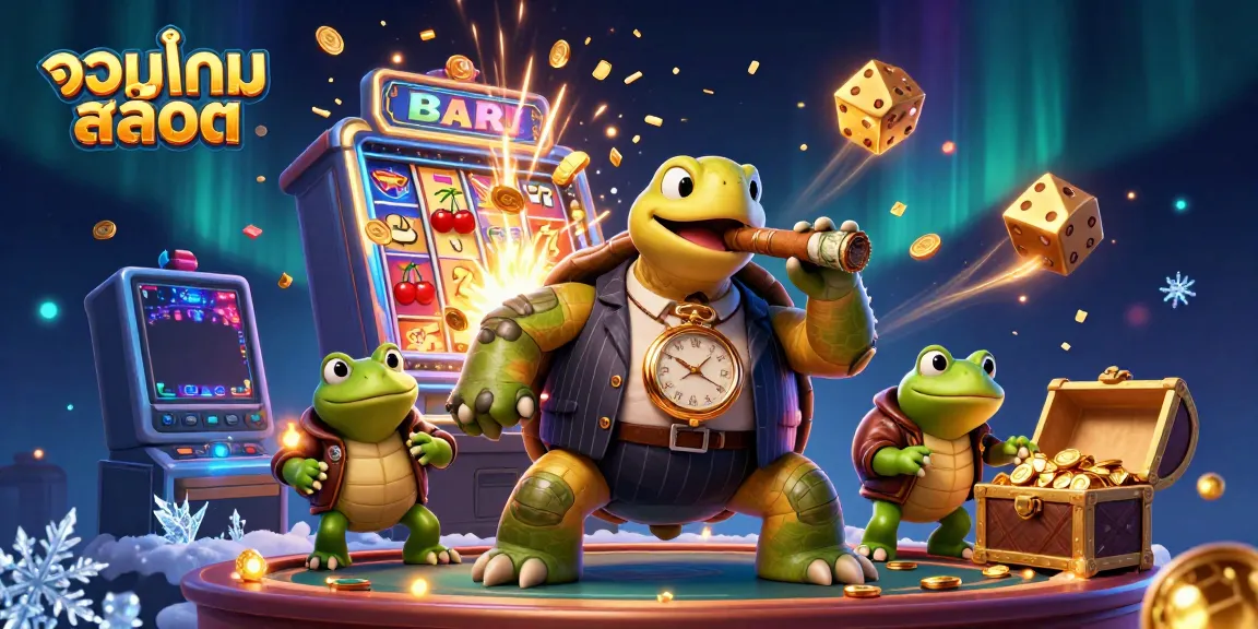 Experience the thrill of รวมเกมสล็อต with a cartoon turtle in a mobster suit and jackpot explosion.