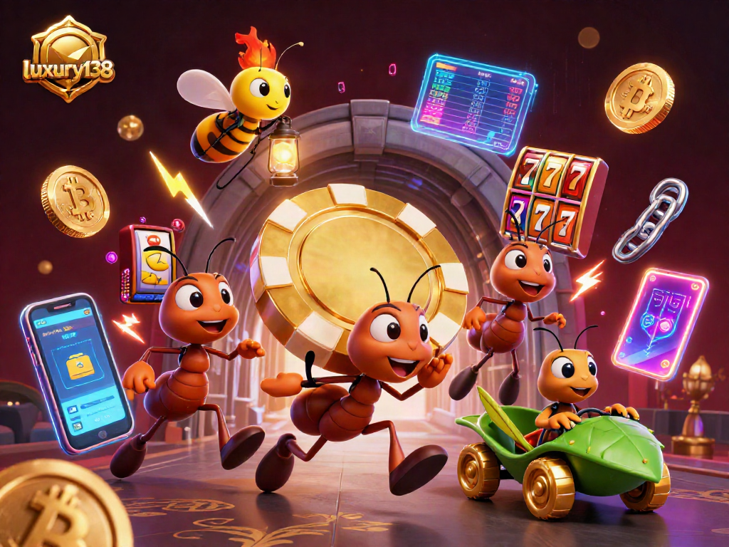 luxury138 menghadirkan tim semut 3D membawa chip poker emas sambil beraksi di kasino online.