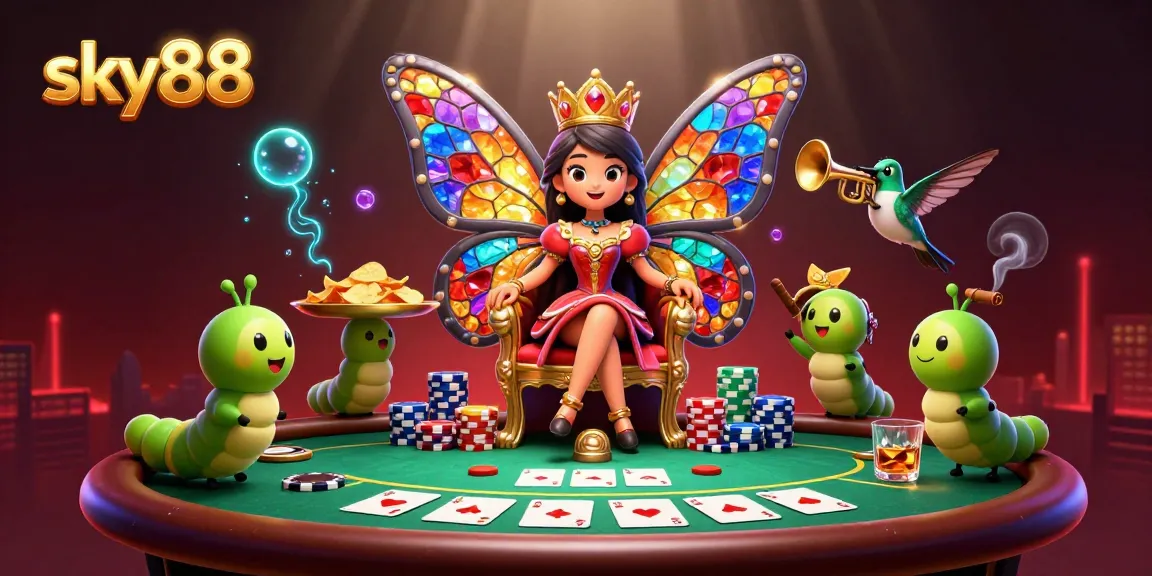 Experience the excitement of sky88 casino with a vibrant 3D illustration featuring games, chips, and the butterfly queen!