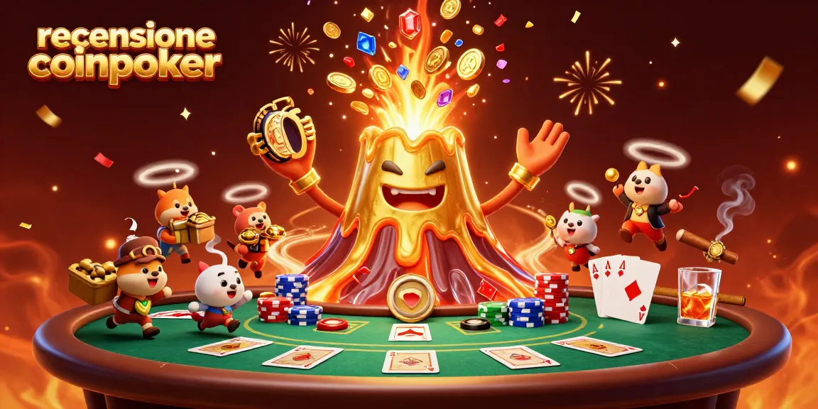 Giocare su CoinPoker: recensione coinpoker con un vulcano dorato che erutta monete e tesori.