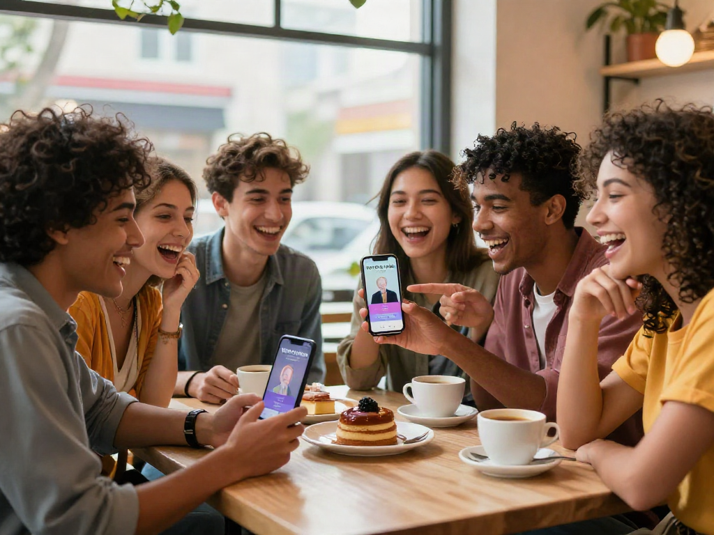 Group of friends laughing while using a smartphone app to discover how old do I look in a cozy cafe.