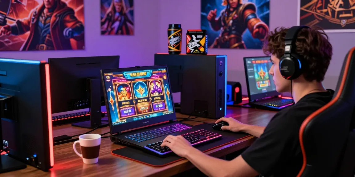Player enjoying hero 138 slot game on a high-end gaming laptop, vibrant casino atmosphere.