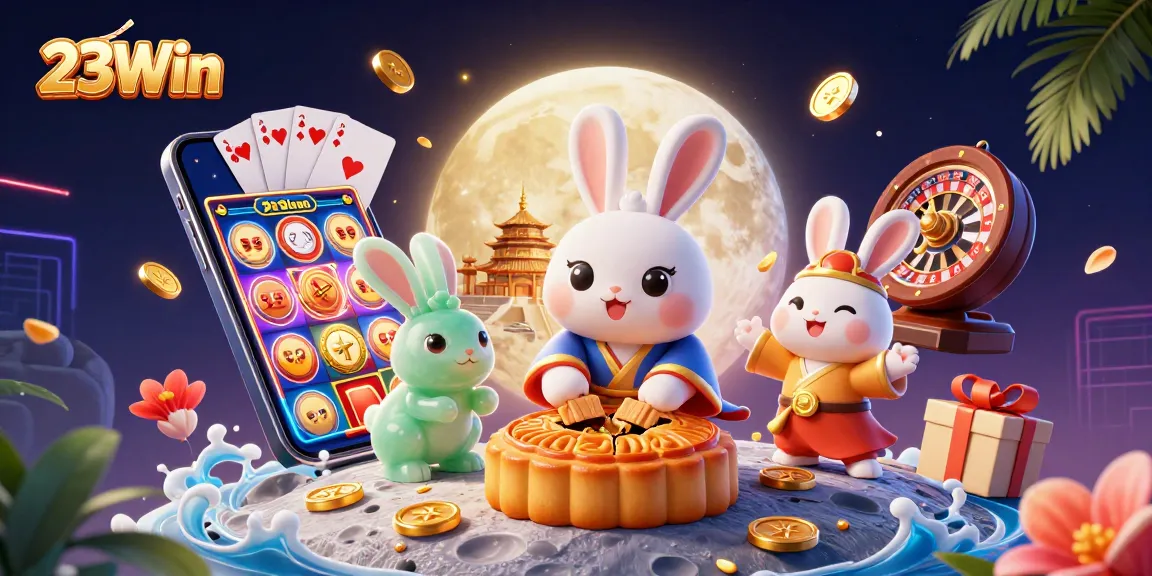 Experience 23Win's exhilarating casino atmosphere as the moon rabbit reveals poker chips within golden mooncakes.