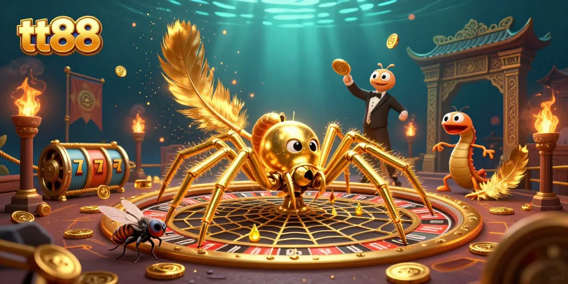 Engage in exciting betting with tt88 at this immersive casino-themed illustration featuring a web of fortunes.