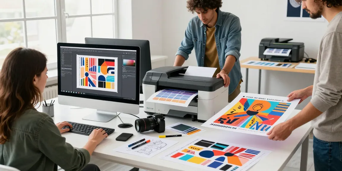 Collaborative team working on custom poster printing in a bright workspace.