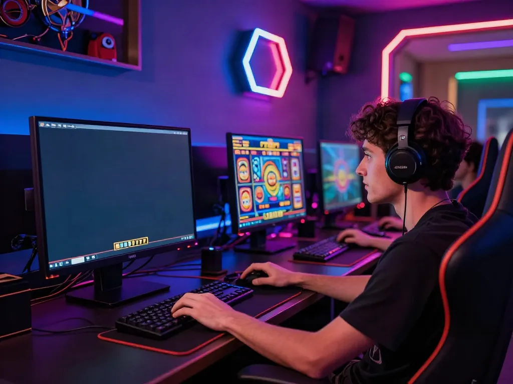 Gamer menikmati permainan slot777 dengan suasana yang penuh warna dan modern.