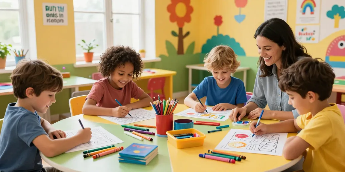 Children coloring and creating art on pages for kids in a bright, playful activity space.