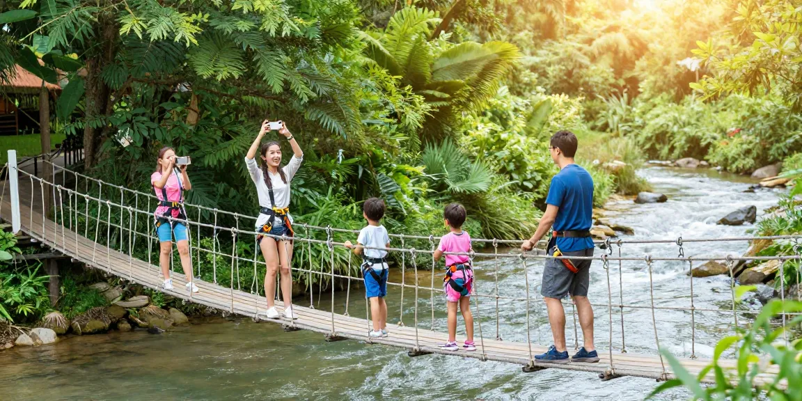 Family crossing a River Rope Bridge, enjoying nature and adventure together.