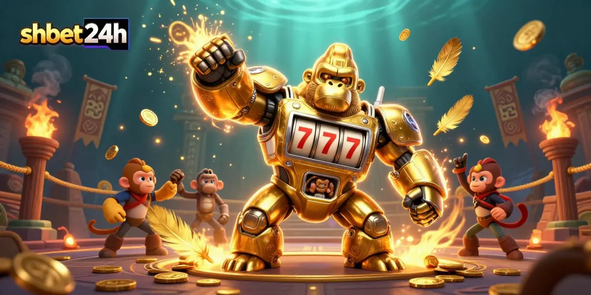 Experience dynamic gameplay at shbet24h with a golden gorilla mech and casino elements.