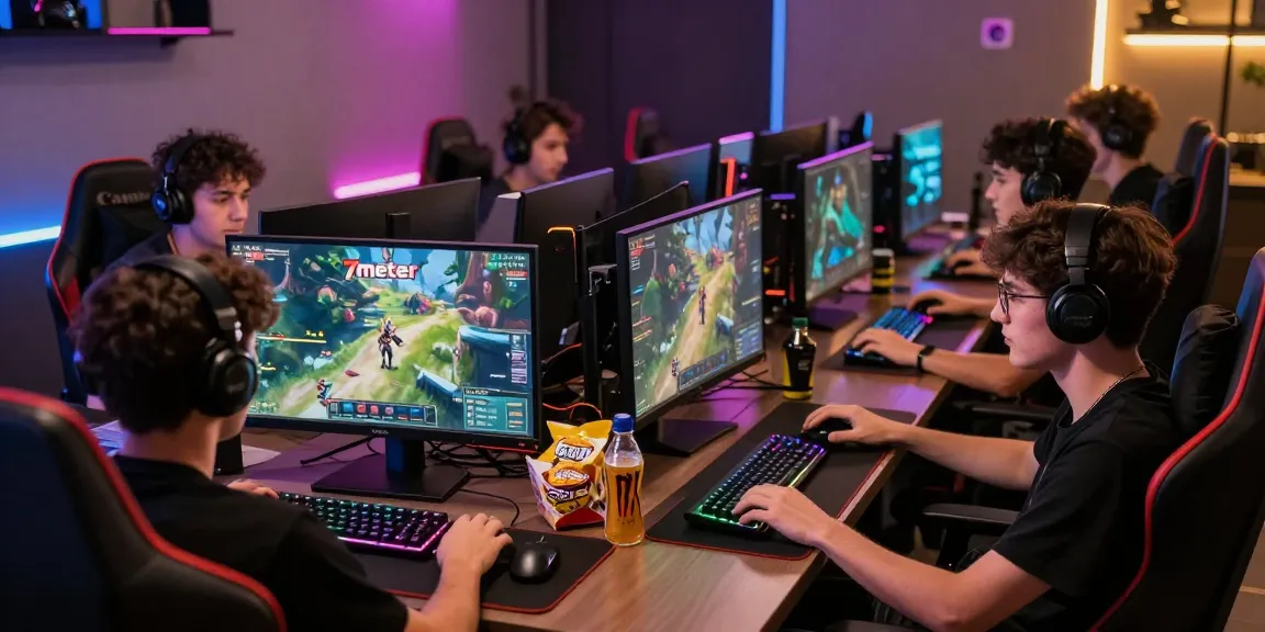 Exciting gaming scene featuring friends playing 7meter together with high-tech gear and vibrant atmosphere.