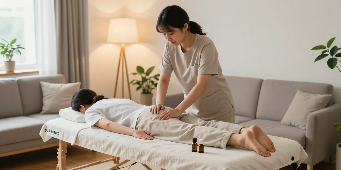 서울출장마사지 session set up in a cozy living room with calming ambiance.