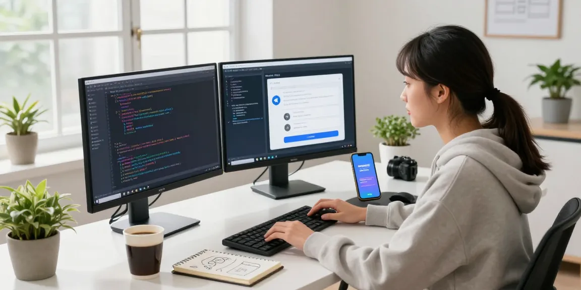Developer coding Telegram Chinese bots in modern workspace with dual monitors.