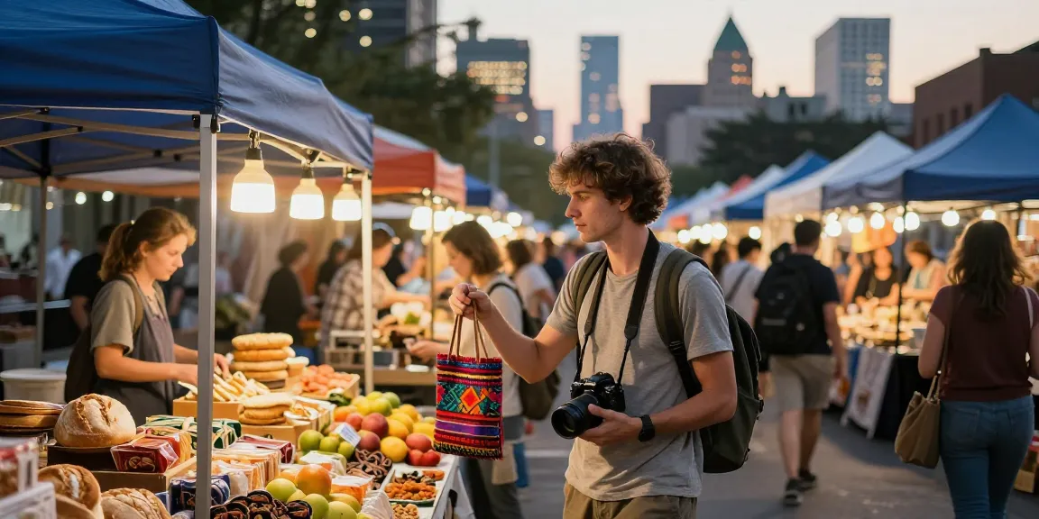 Traveler at rokok88 city market, exploring vibrant street food stalls.