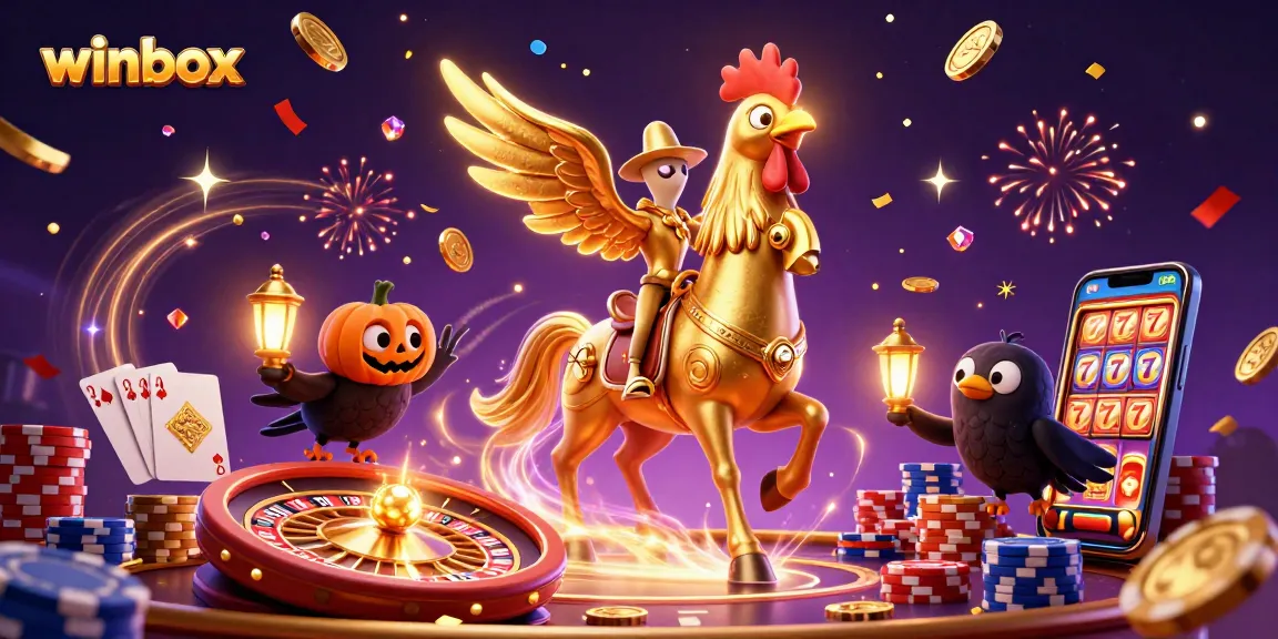 Winbox casino illustration featuring a golden rooster and pumpkin-headed crows amidst swirling coins and lights.