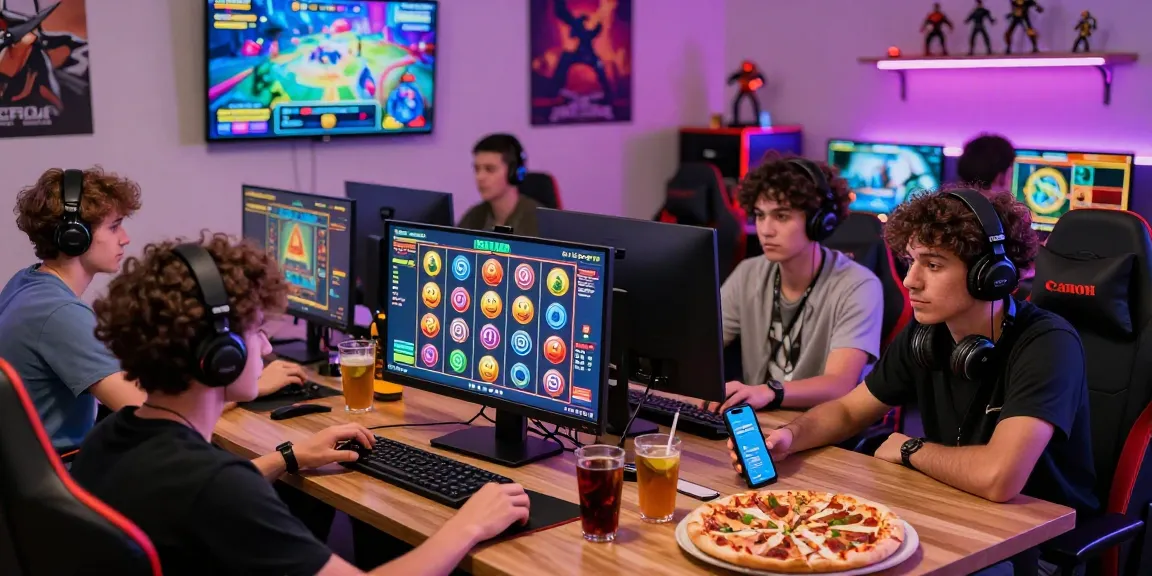 Engaged players enjoying online slot games, showcasing deposit pulsa tanpa potongan options in a vibrant social setting.
