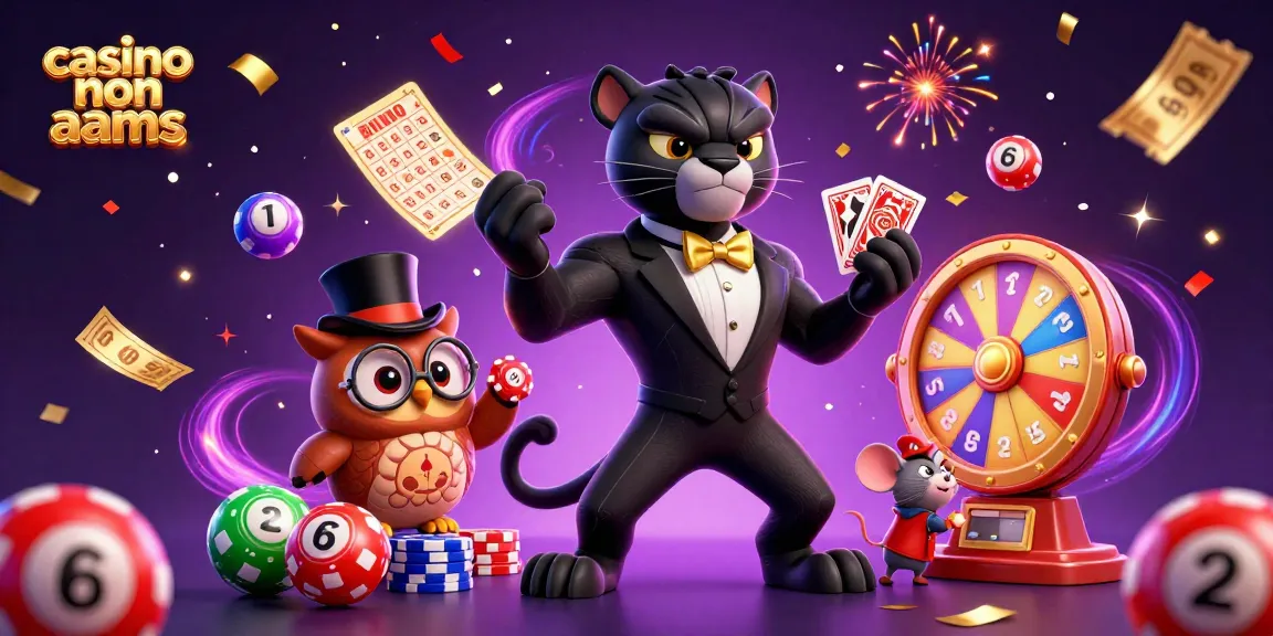 Illustrazione coinvolgente di casino non aams con personaggi animati ed elementi di gioco dinamici.