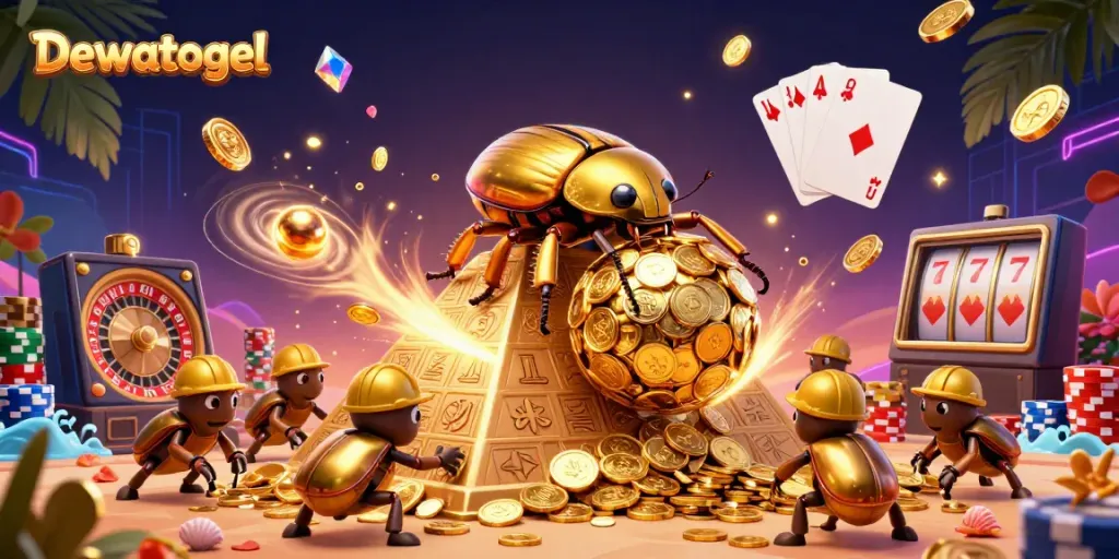 Dewatogel-focused scene showcasing golden beetles and casino elements in vibrant 3D illustration.
