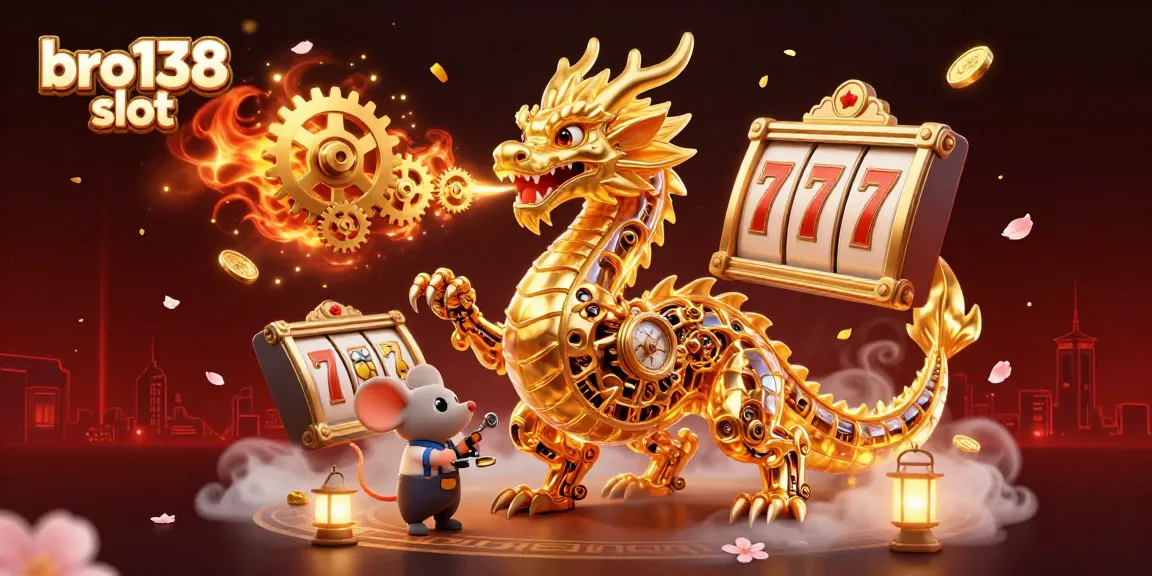 Engage with bro138 slot featuring a golden dragon, lucky 7s, and vibrant cherry blossom elements in a lively casino scene.