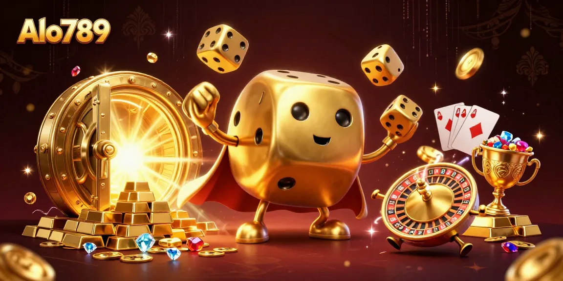 Watch Alo789's golden dice golem juggling dice in a vibrant casino scene full of treasures.