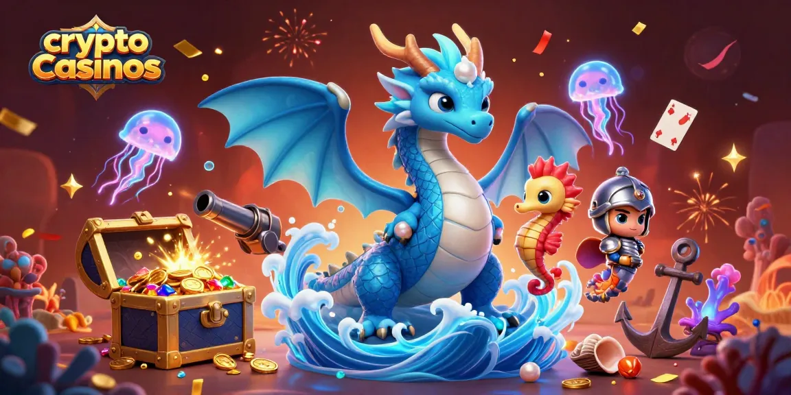 Plongez dans les crypto casinos avec une illustration dynamique des jeux, dragons et créatures marines.