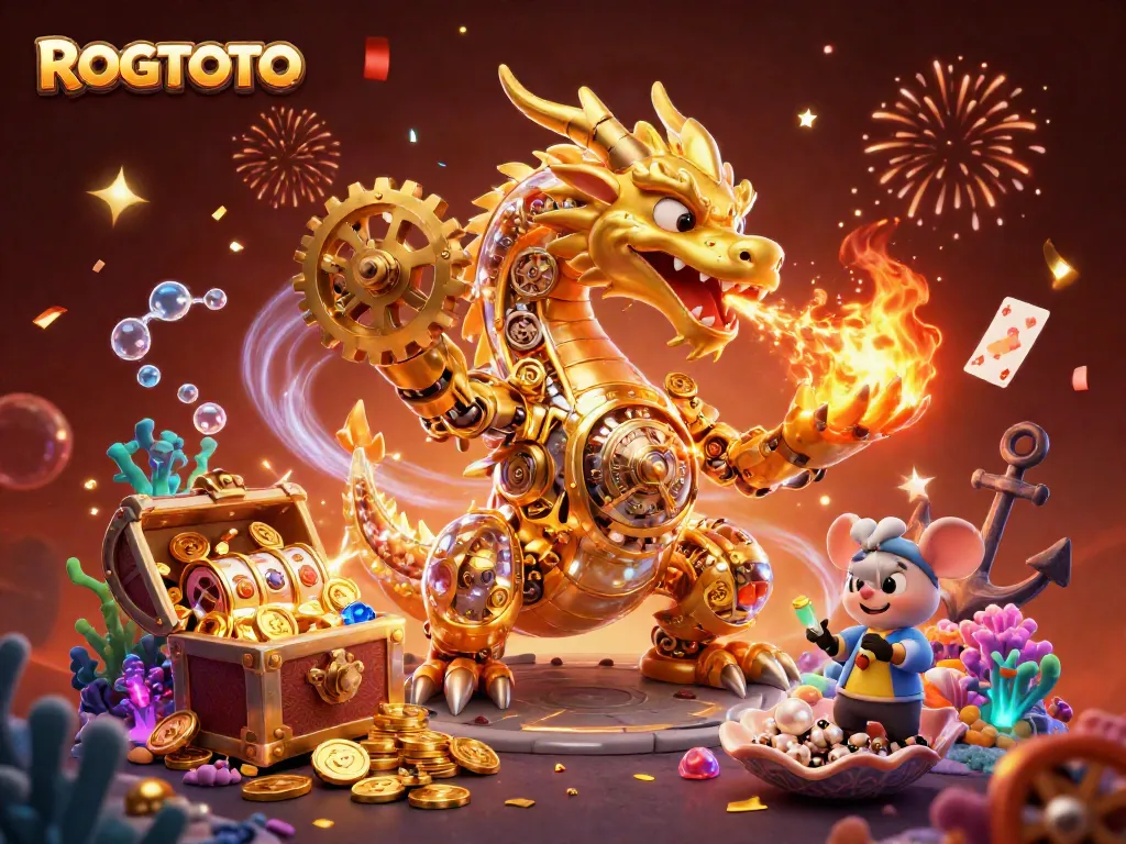 ROGTOTO menghadirkan gambar ilustrasi 3D unik dengan naga emas dan elemen permainan slot.