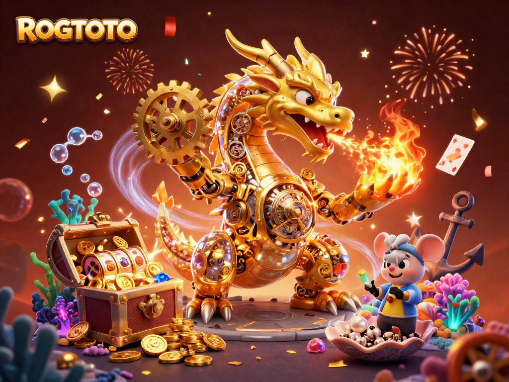 ROGTOTO menghadirkan gambar ilustrasi 3D unik dengan naga emas dan elemen permainan slot.