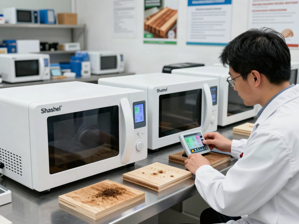 Shashel® microwave equipment testing for woodworm elimination in an innovative workshop setting.