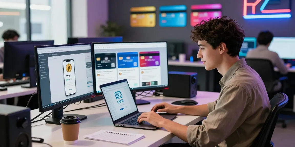 Engaging digital shopping scene at the best cvv shop with cryptocurrency payments and vibrant visual elements.