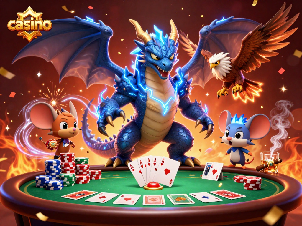 Engage in thrilling casino action with a vibrant scene featuring a thunder dragon, poker chips, and vibrant game elements.