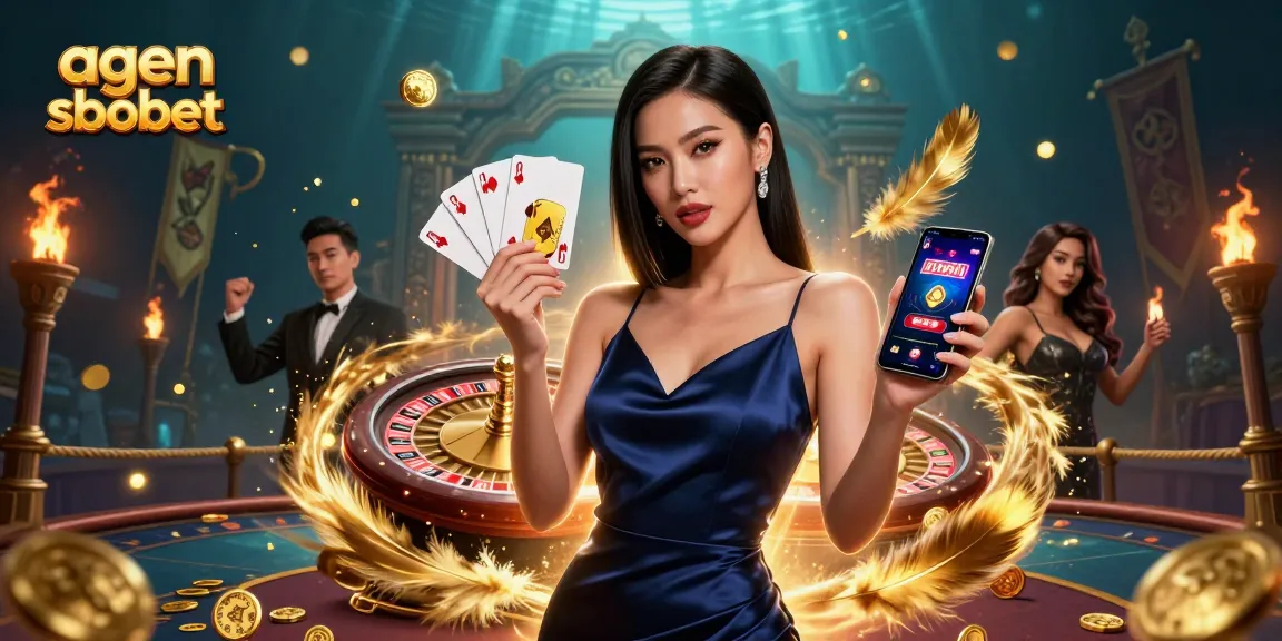 Win with agen sbobet in a spectacular casino setting, highlighted by golden chips and vibrant game elements.