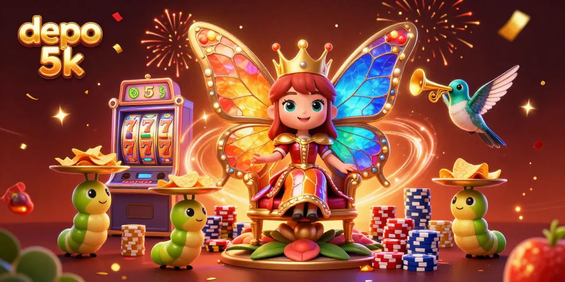 Spin to win with depo 5k: a vivid illustration of a butterfly queen in an exciting casino environment.