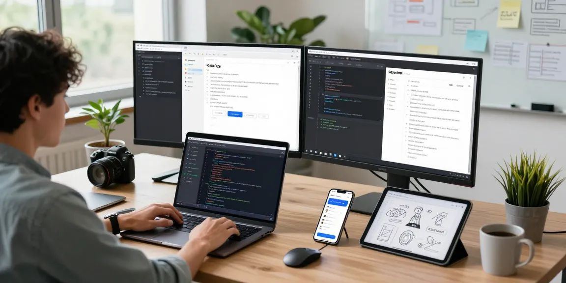 Developer coding the 纸飞机中文版 app in a modern tech workspace with multiple screens and gadgets.