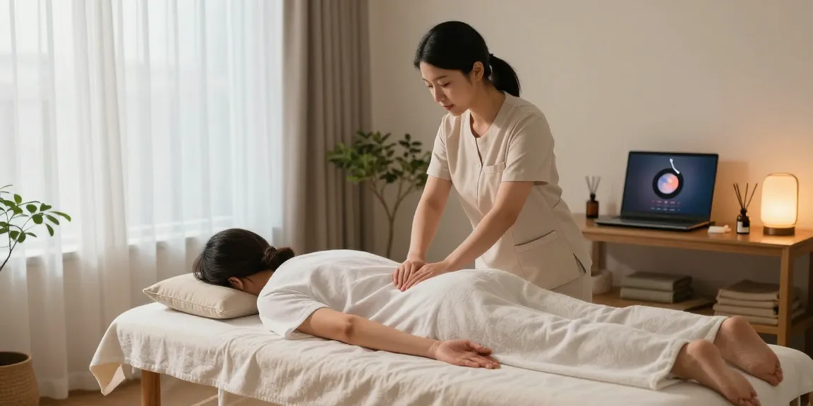 안산출장마사지 전문가가 아늑한 거실에서 고객을 위한 편안한 마사지 서비스를 제공하는 모습