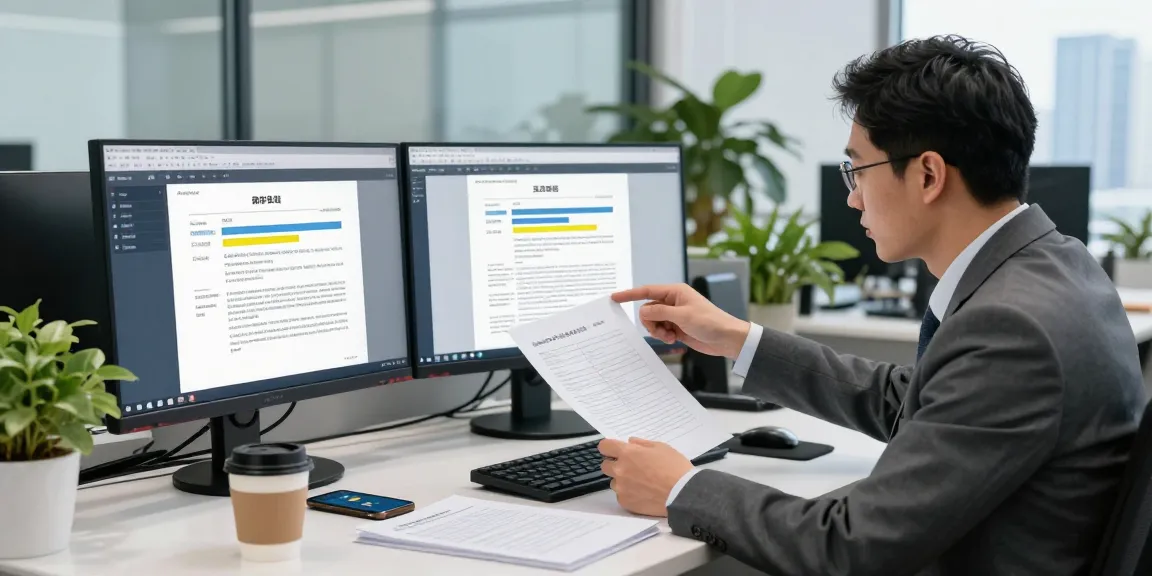 Document fraud detection scene with an analyst reviewing alerts and metrics on digital software in a modern office.