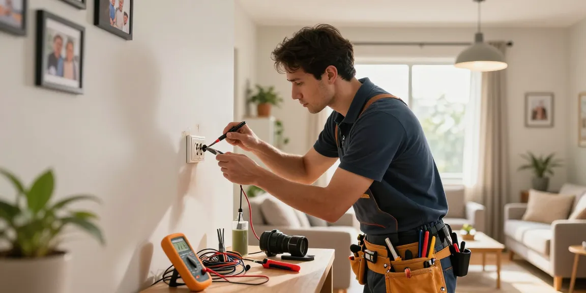 Domestic electrician at companynamesucks.com ensuring home safety through electrical repairs in a cozy living room.