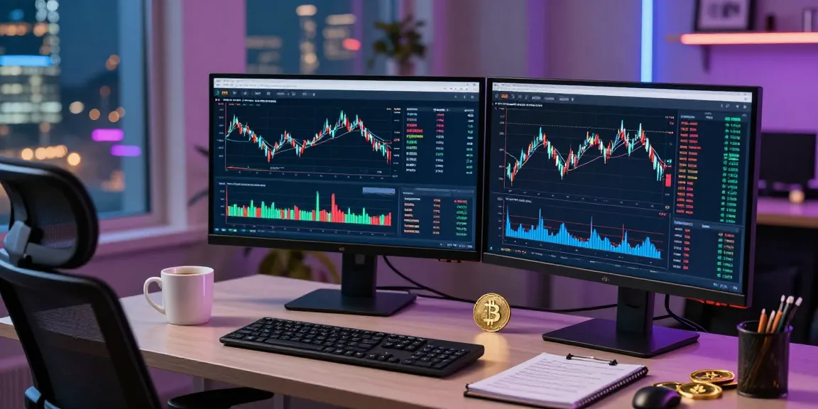 Trader reviewing OKX Exchange reviews with cryptocurrency charts on screen in a vibrant office.