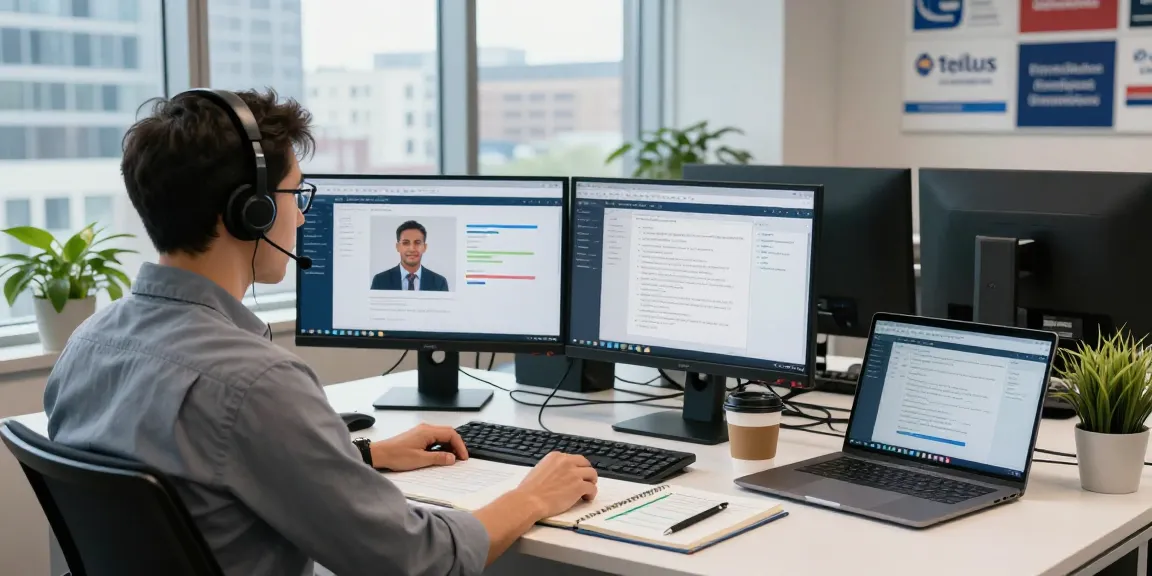 Technician providing Telus-Technical-Support in a modern office setup, showcasing dual monitors and customer interaction.