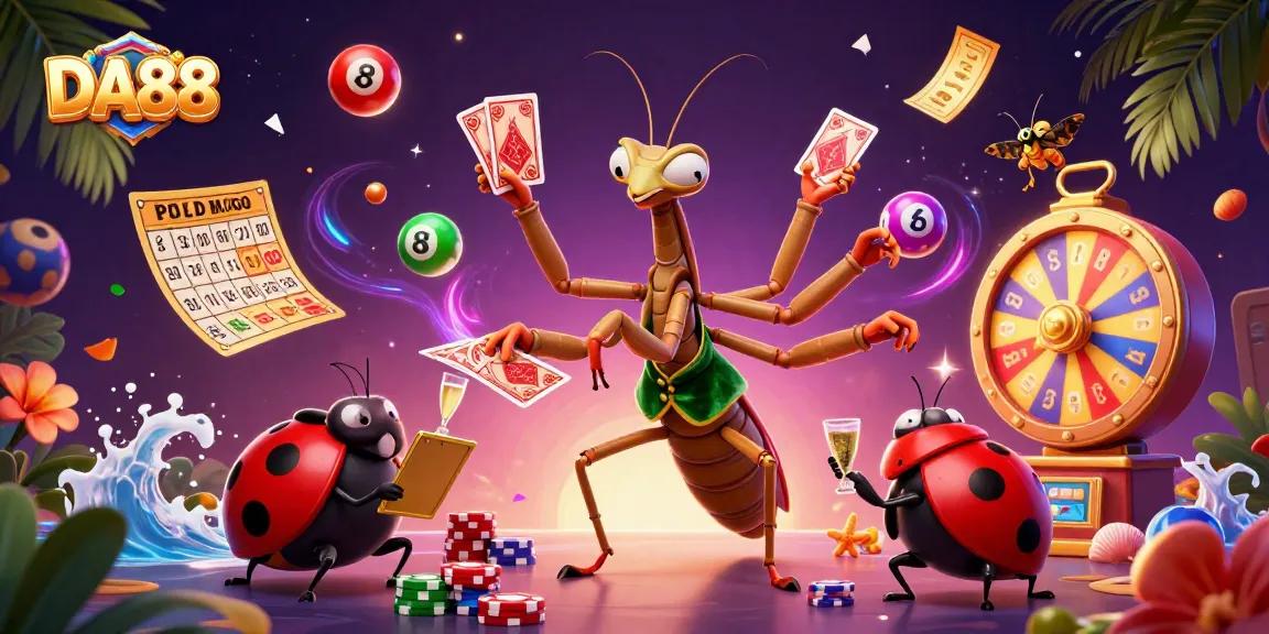 Experience thrilling gameplay at DA88 with a vibrant scene of creatures dealing cards, chip shuffling, and lively lottery elements.