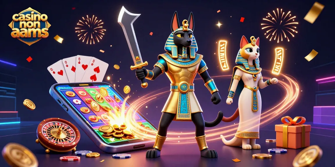Coinvolgiti in un'entusiasmante esperienza di gioco nei casino non aams con Anubis e Bastet che celebrano in una vivace scena 3D.