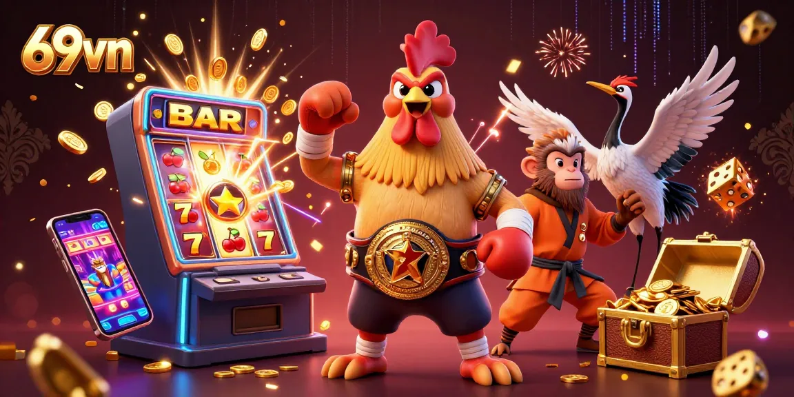 Engage in excitement with 69vn's vibrant gaming scene featuring animated casino characters and jackpots.