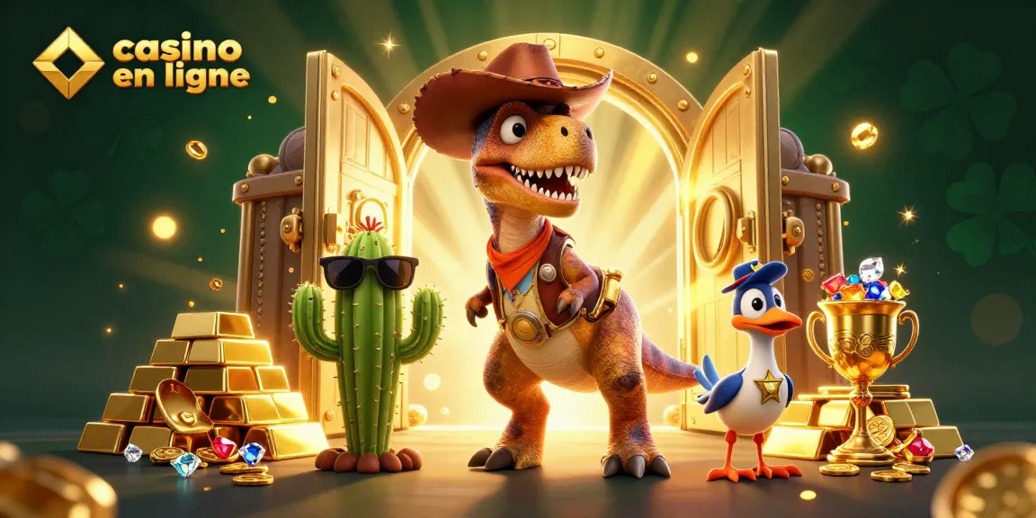Plongez dans l'univers captivant du casino en ligne avec ce T-Rex animateur et ses amis.
